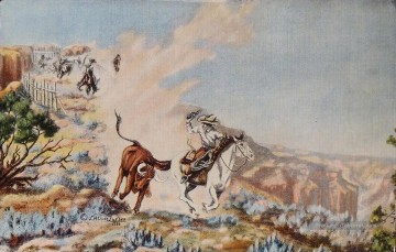 cowboys chasse wisent Peinture à l'huile